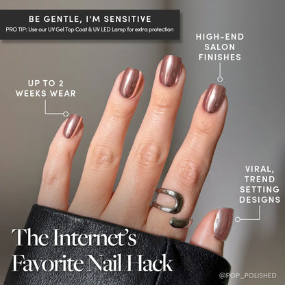 Rose Gold press-on nails close-up texture detail - pearl-shift finish, US shipping