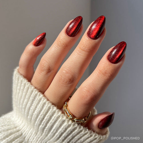 Ruby Slipper cat-eye velvet press-on nails - almond shape, front view