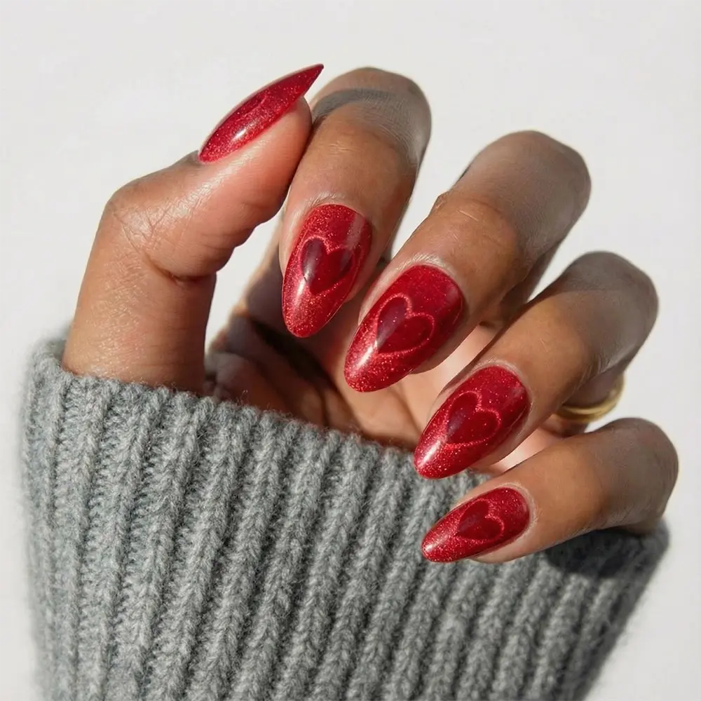 Sent with Love cat-eye velvet press-on nails - almond shape, front view