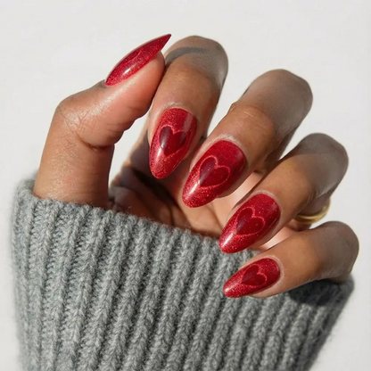 Sent with Love cat-eye velvet press-on nails - almond shape, front view