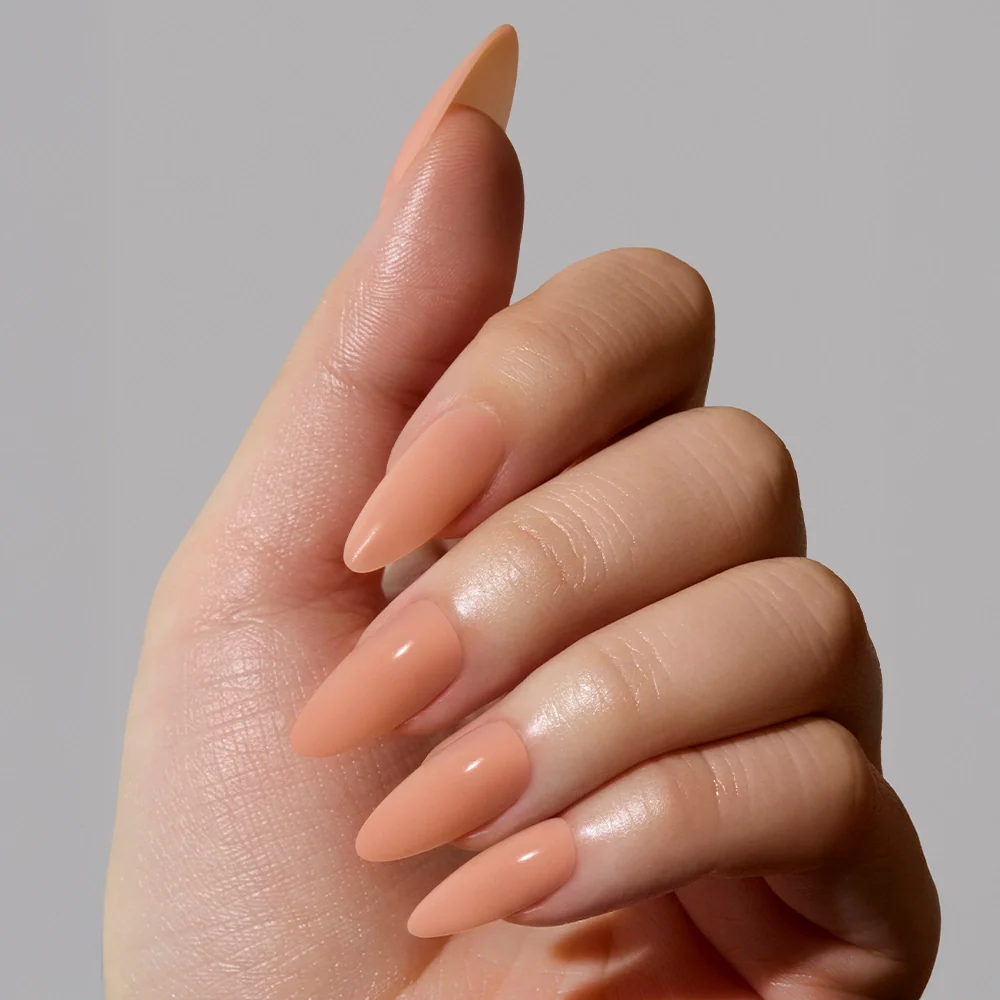 Sheer Peach press-on nails close-up texture detail - jelly glaze finish, US shipping