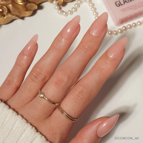 Sheer Pink jelly glaze press-on nails - almond shape, front view