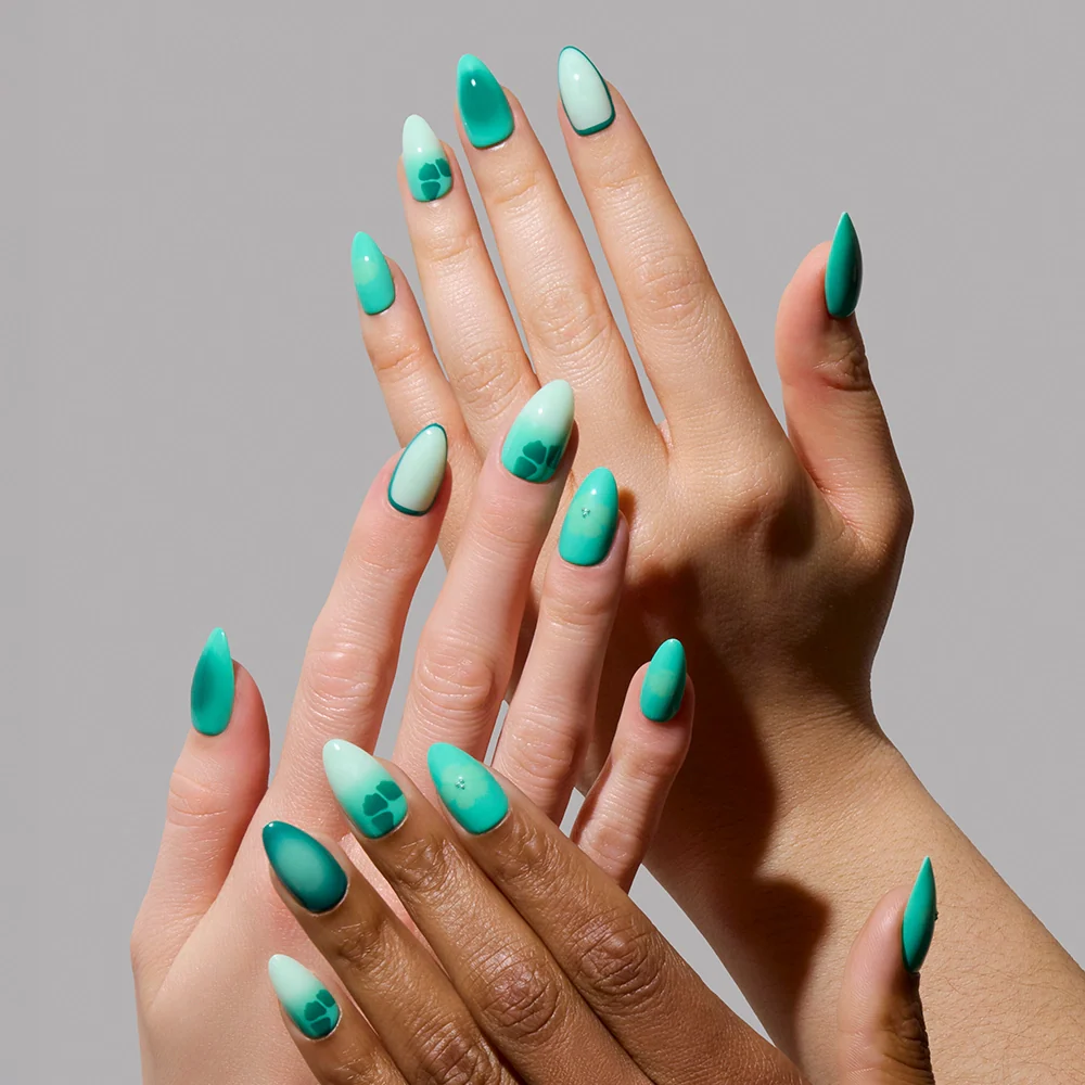 Siren Green press-on nail set - XS to L sizing, cat-eye velvet design