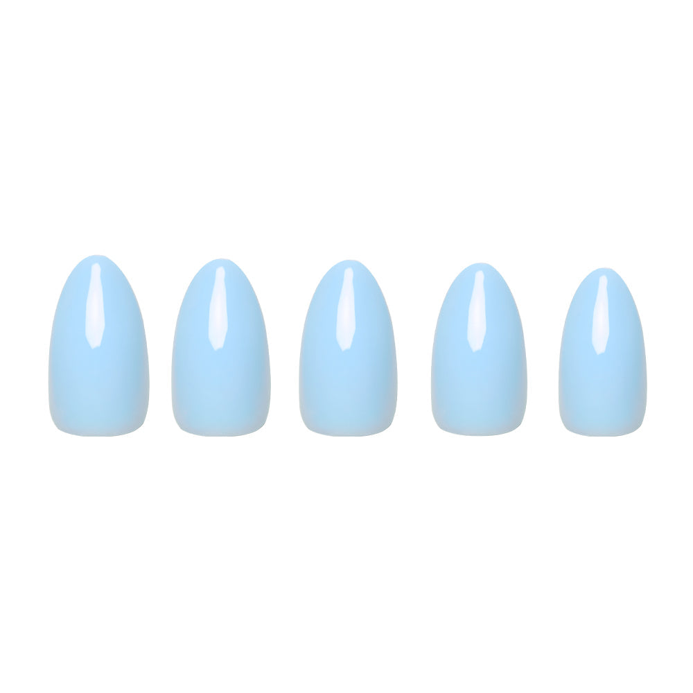 Soft Blue press-on nails on hand - lifestyle photo, soft neutral finish