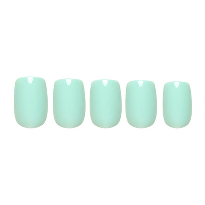 Soft Teal press-on nails on hand - lifestyle photo, soft neutral finish