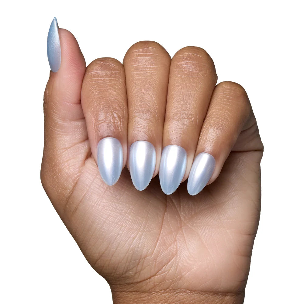 Something Blue press-on nails on hand - lifestyle photo, jelly glaze finish