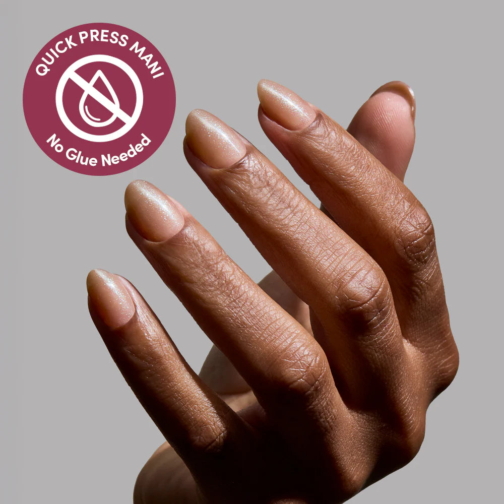 Sparkly Brown press-on nails on hand - lifestyle photo, jelly glaze finish