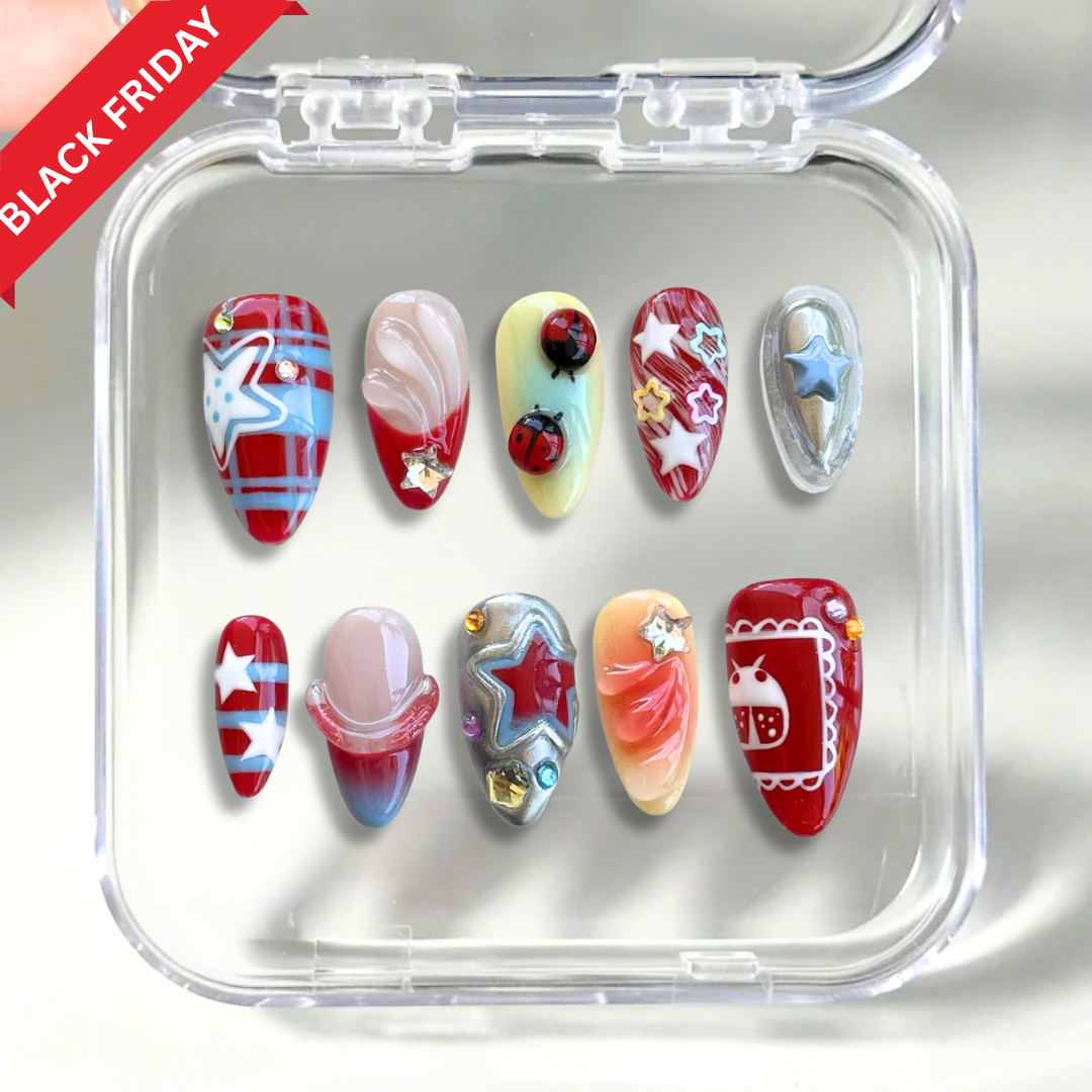 Star Parade press-on nails on hand - lifestyle photo, 3d sculptural finish