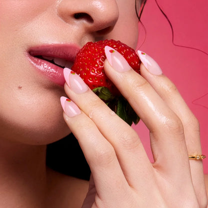Strawberry Bits press-on nails close-up texture detail - french tip finish, US shipping