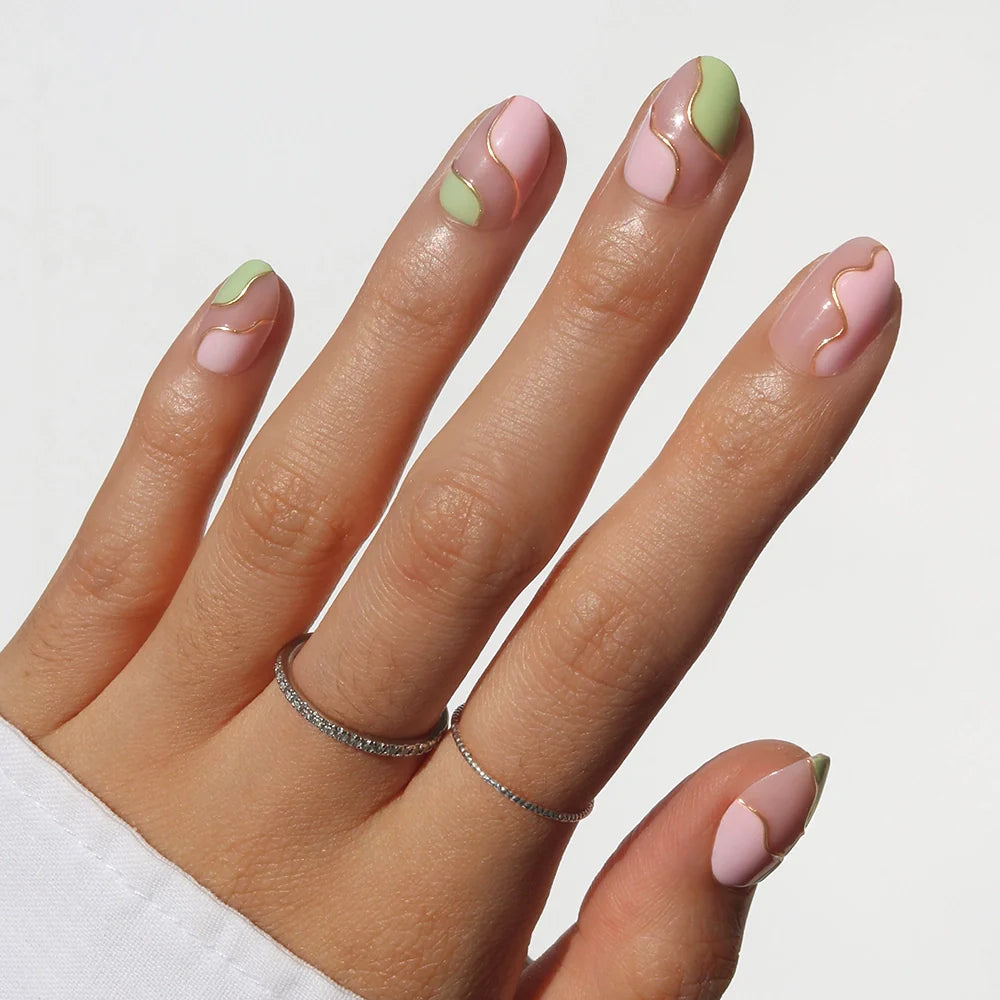 Strawberry Matcha jelly glaze press-on nails - oval shape, front view