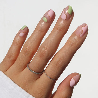 Strawberry Matcha jelly glaze press-on nails - oval shape, front view