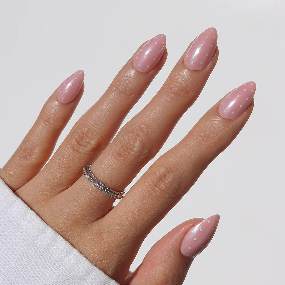 Barely Spotted polka dot press-on nails - almond shape, front view
