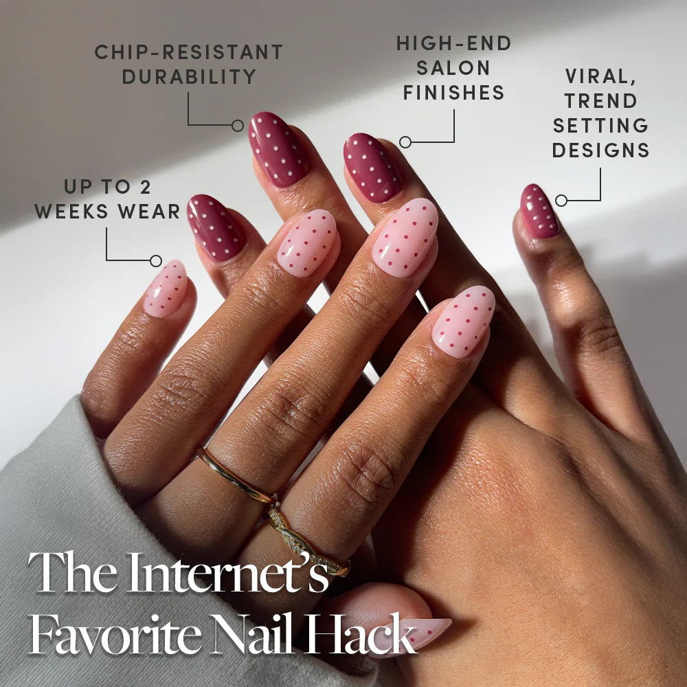 Cute As Cherry Pie press-on nails close-up texture detail - polka dot finish, US shipping