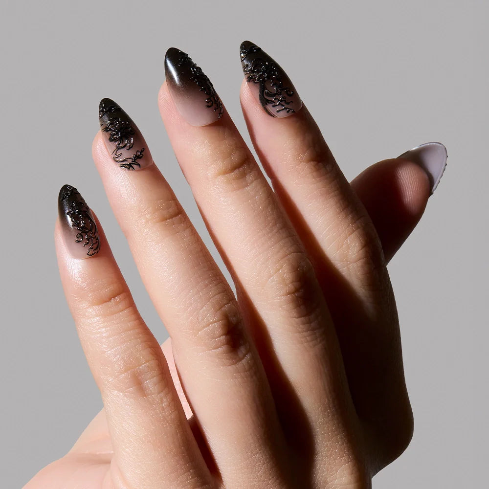 ‘Til Death press-on nails on hand - lifestyle photo, 3d sculptural finish