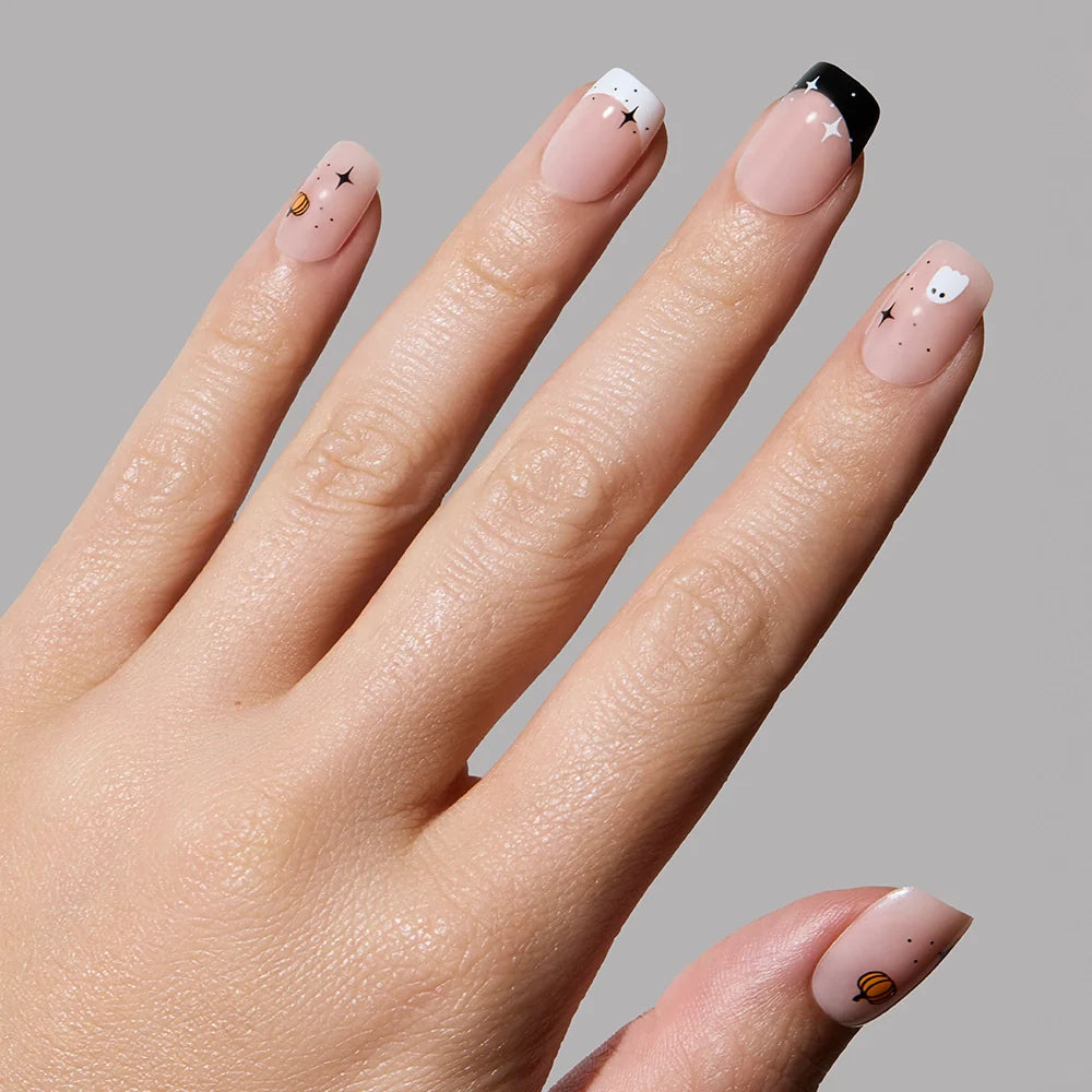 Tiny Pumpkin press-on nails on hand - lifestyle photo, milky cloud dancer finish