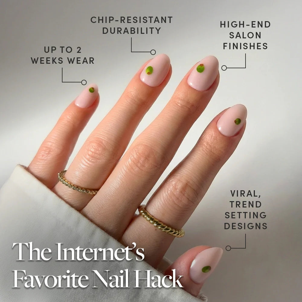 Tipsy Olive press-on nails close-up texture detail - french tip finish, US shipping