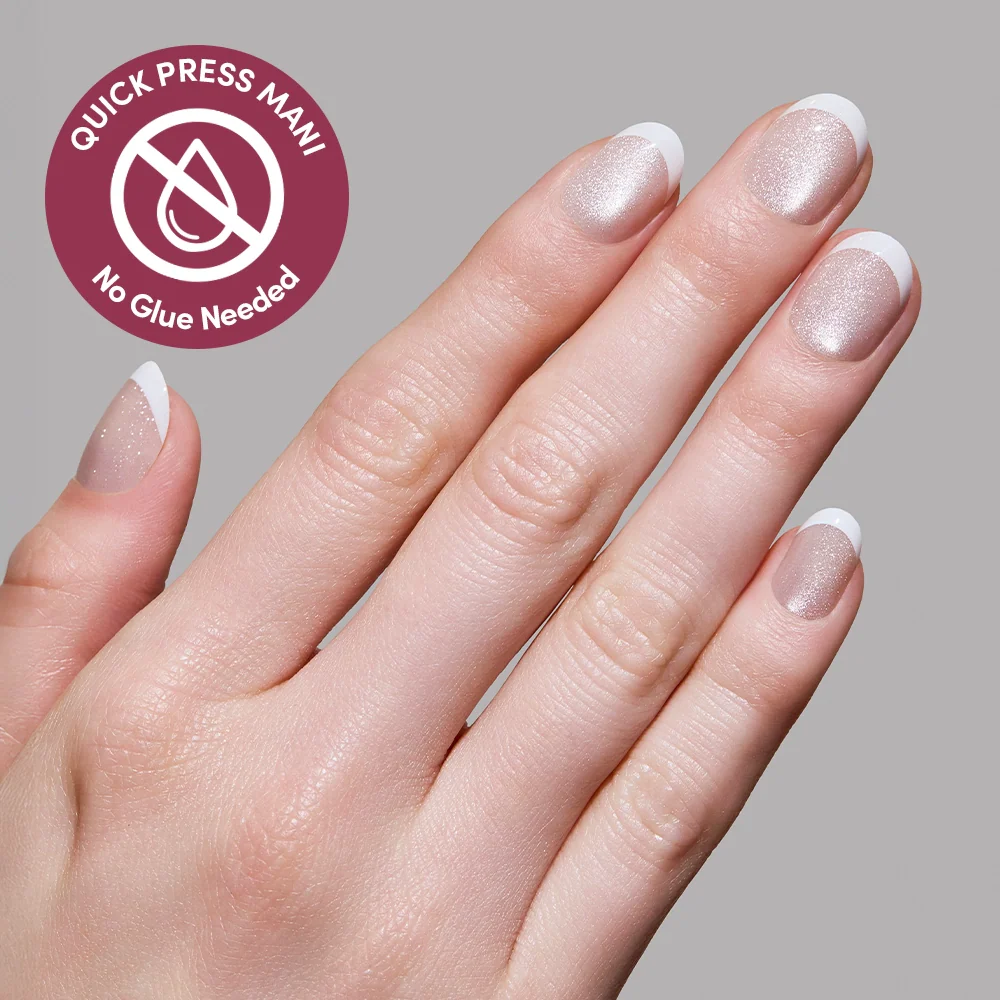 Velvet French press-on nails on hand - lifestyle photo, cat-eye velvet finish