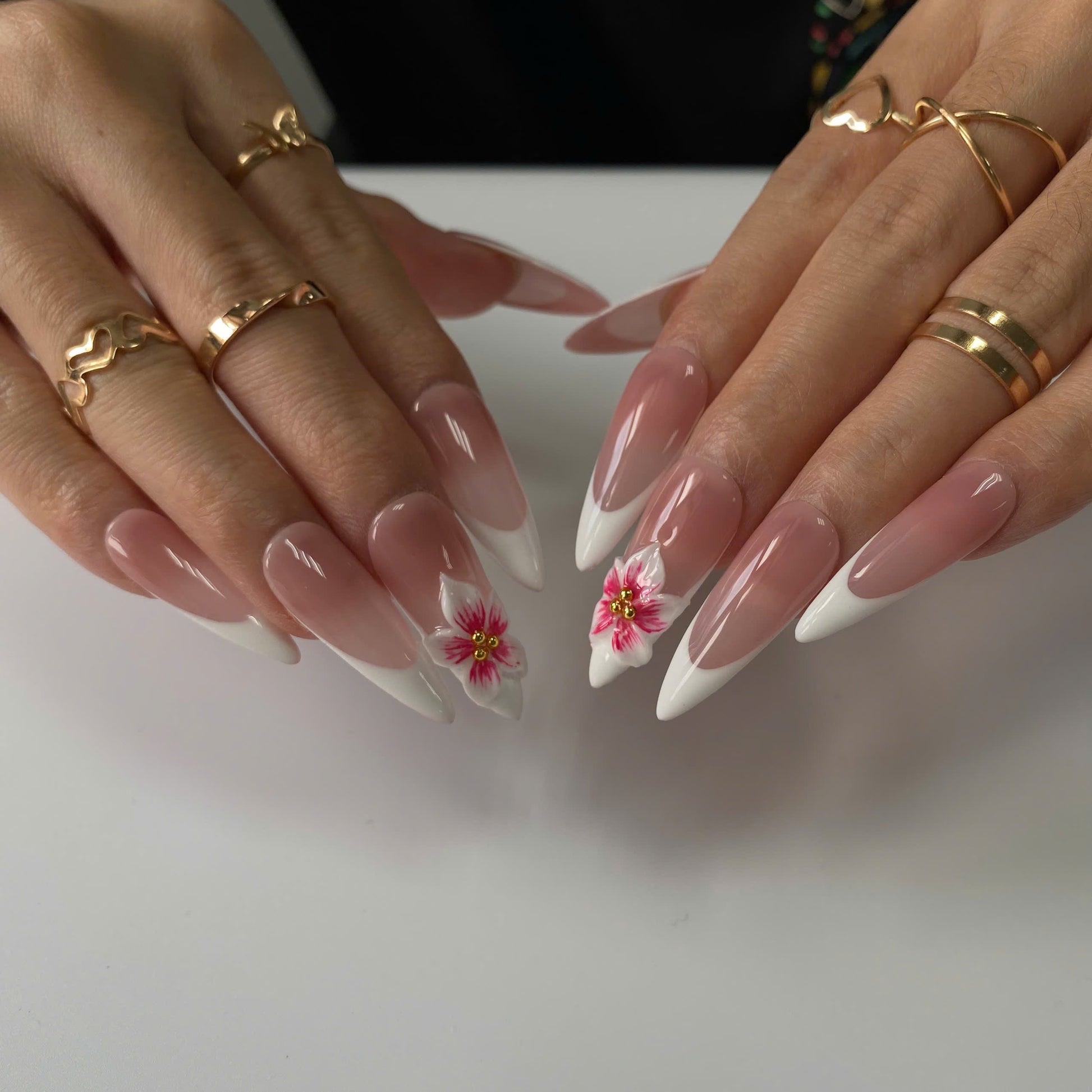 French Blossom press-on nail set - XS to L sizing, milky cloud dancer design