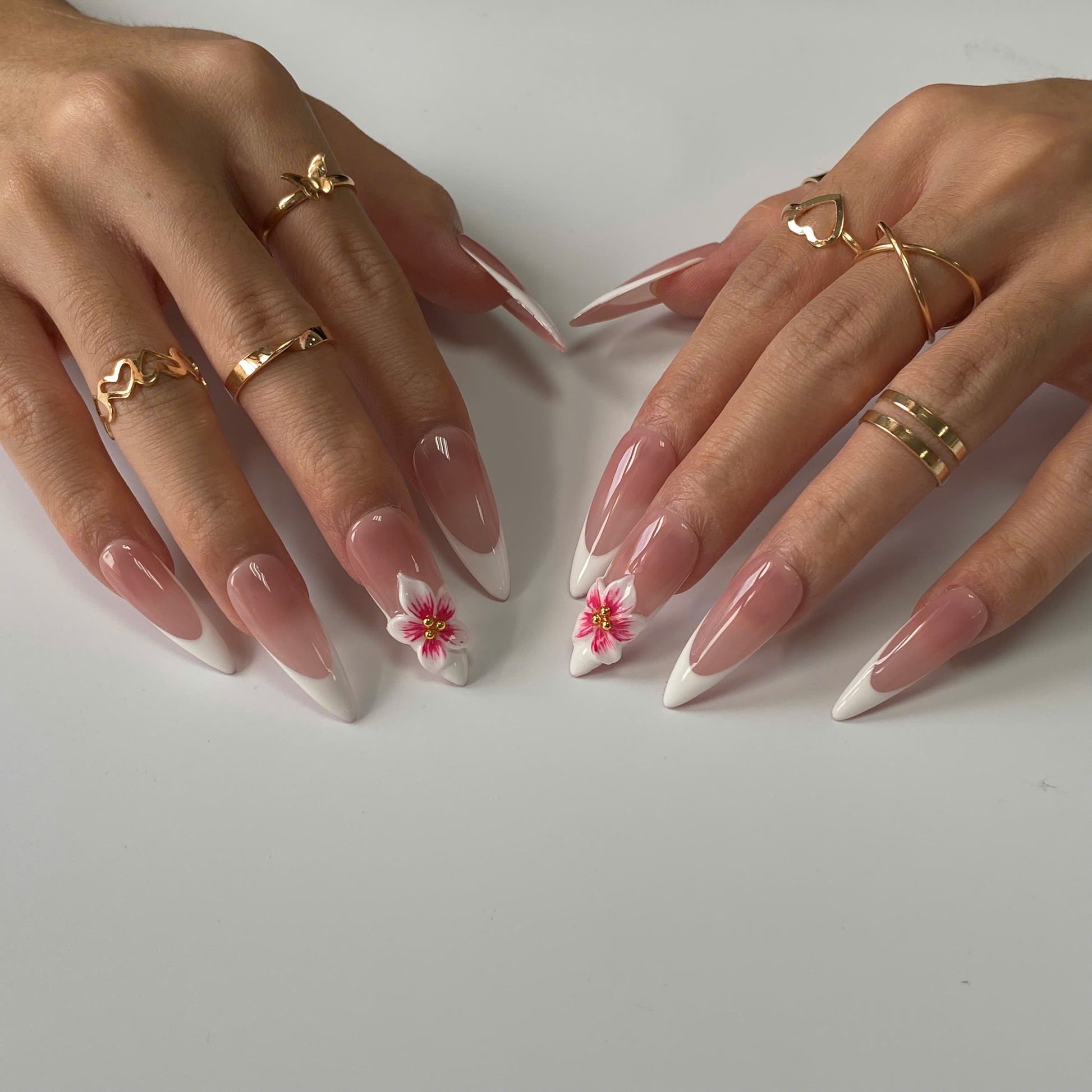 French Blossom press-on nails on hand - lifestyle photo, milky cloud dancer finish