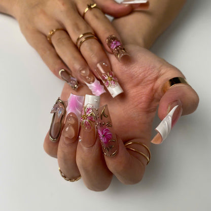Blooming Elegance press-on nails close-up texture detail - 3d sculptural finish, US shipping