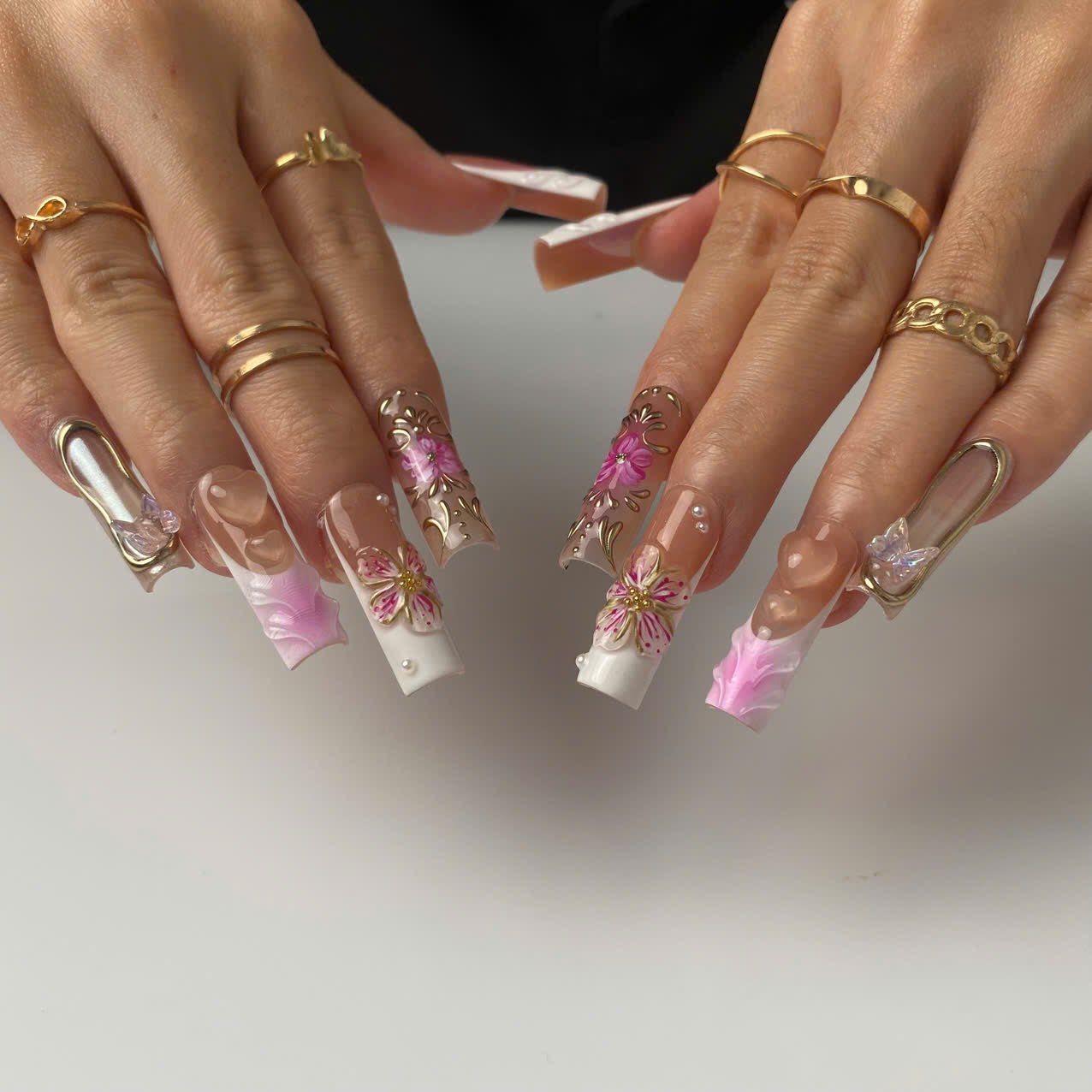 Blooming Elegance press-on nails on hand - lifestyle photo, 3d sculptural finish
