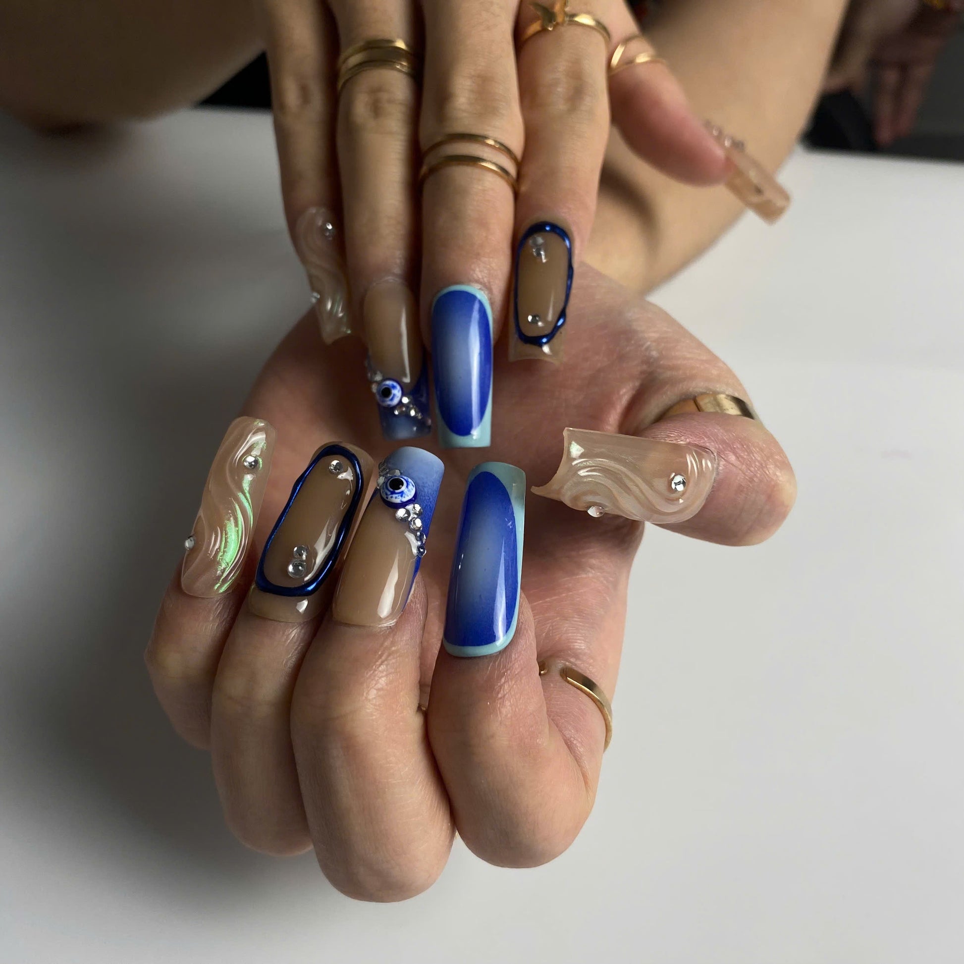 Mystic Blue Evil Eye press-on nails - image 5 of 10, ombre gradient coffin/ballerina