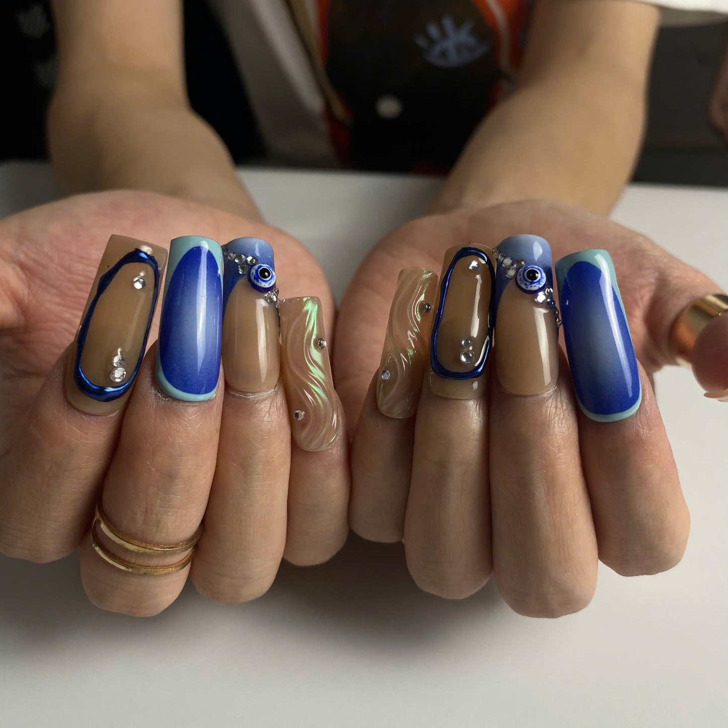 Mystic Blue Evil Eye press-on nail set - XS to L sizing, ombre gradient design