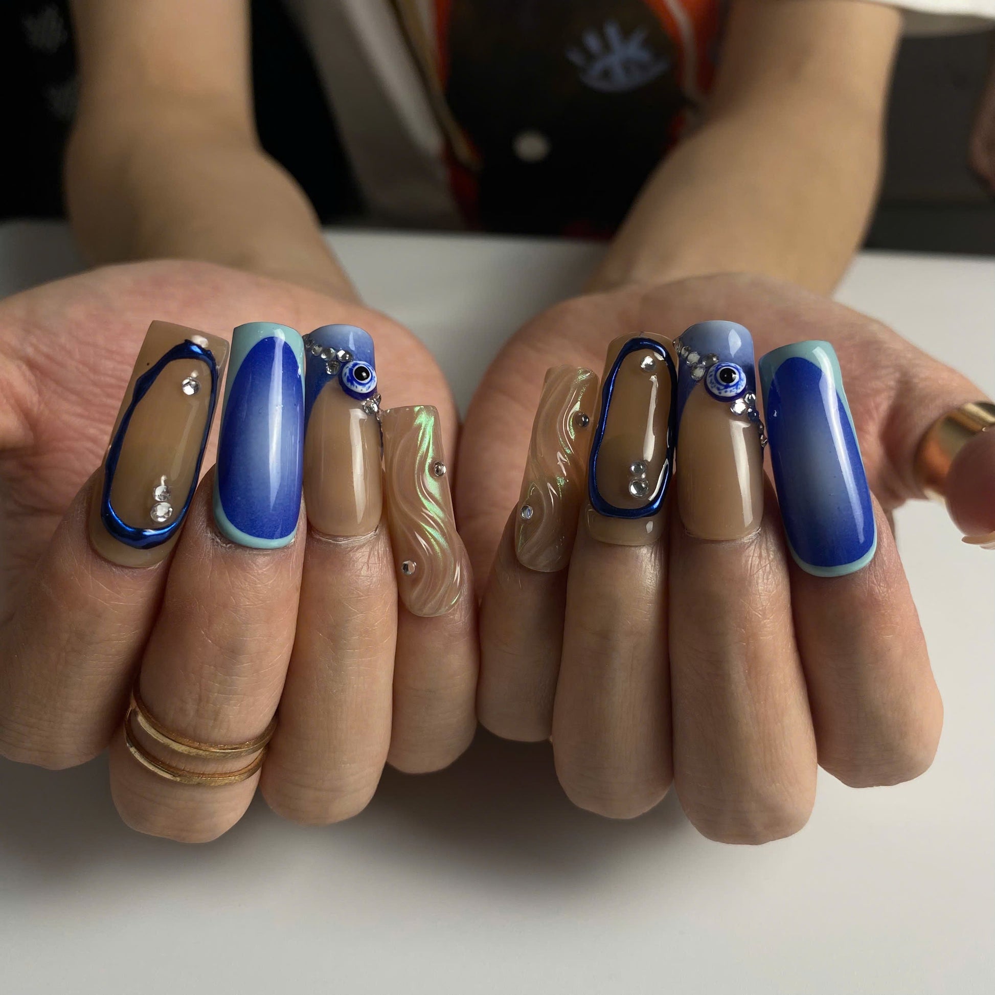 Mystic Blue Evil Eye press-on nail set - XS to L sizing, ombre gradient design