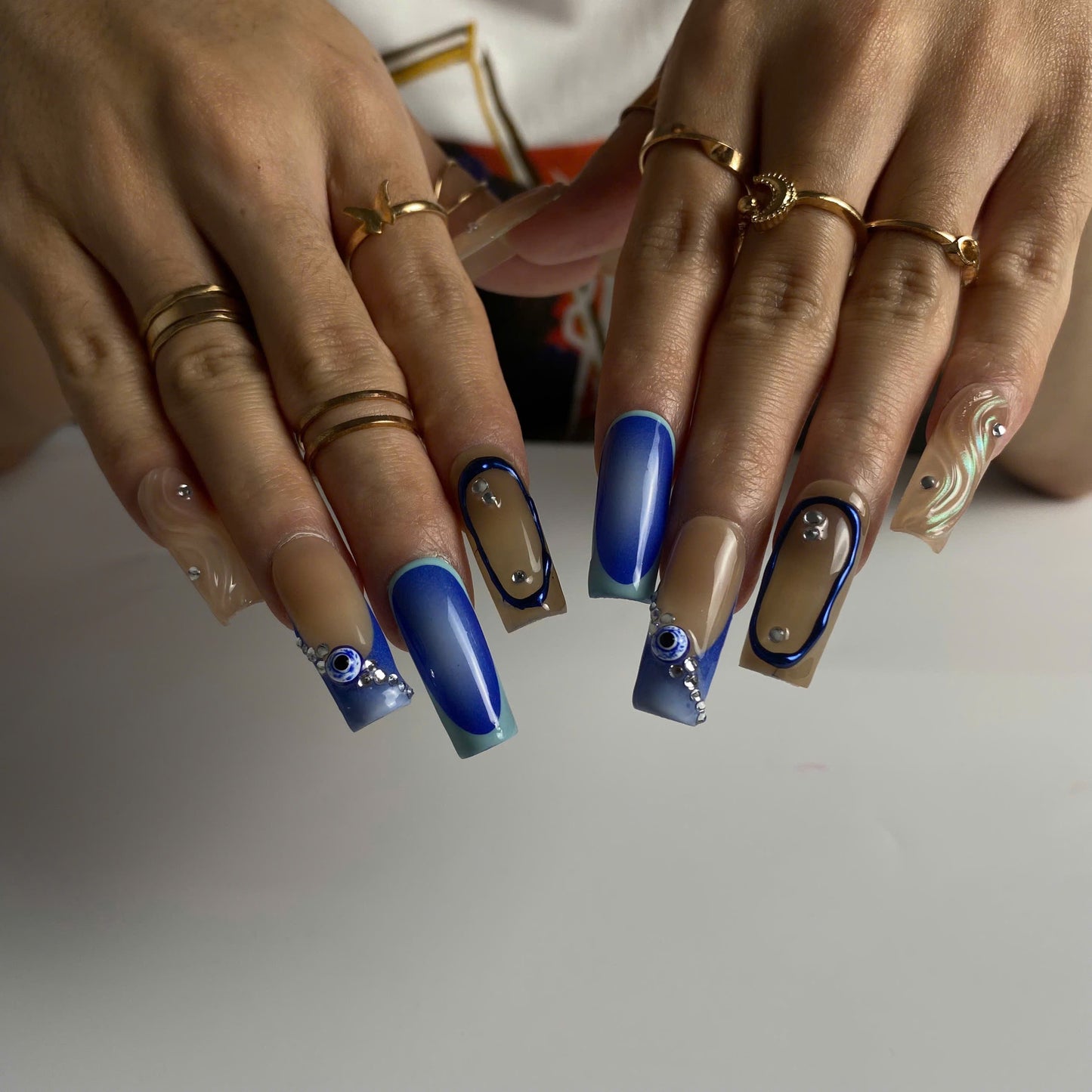 Mystic Blue Evil Eye press-on nails - image 6 of 10, ombre gradient coffin/ballerina