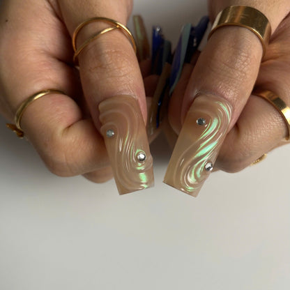 Mystic Blue Evil Eye press-on nails close-up texture detail - ombre gradient finish, US shipping