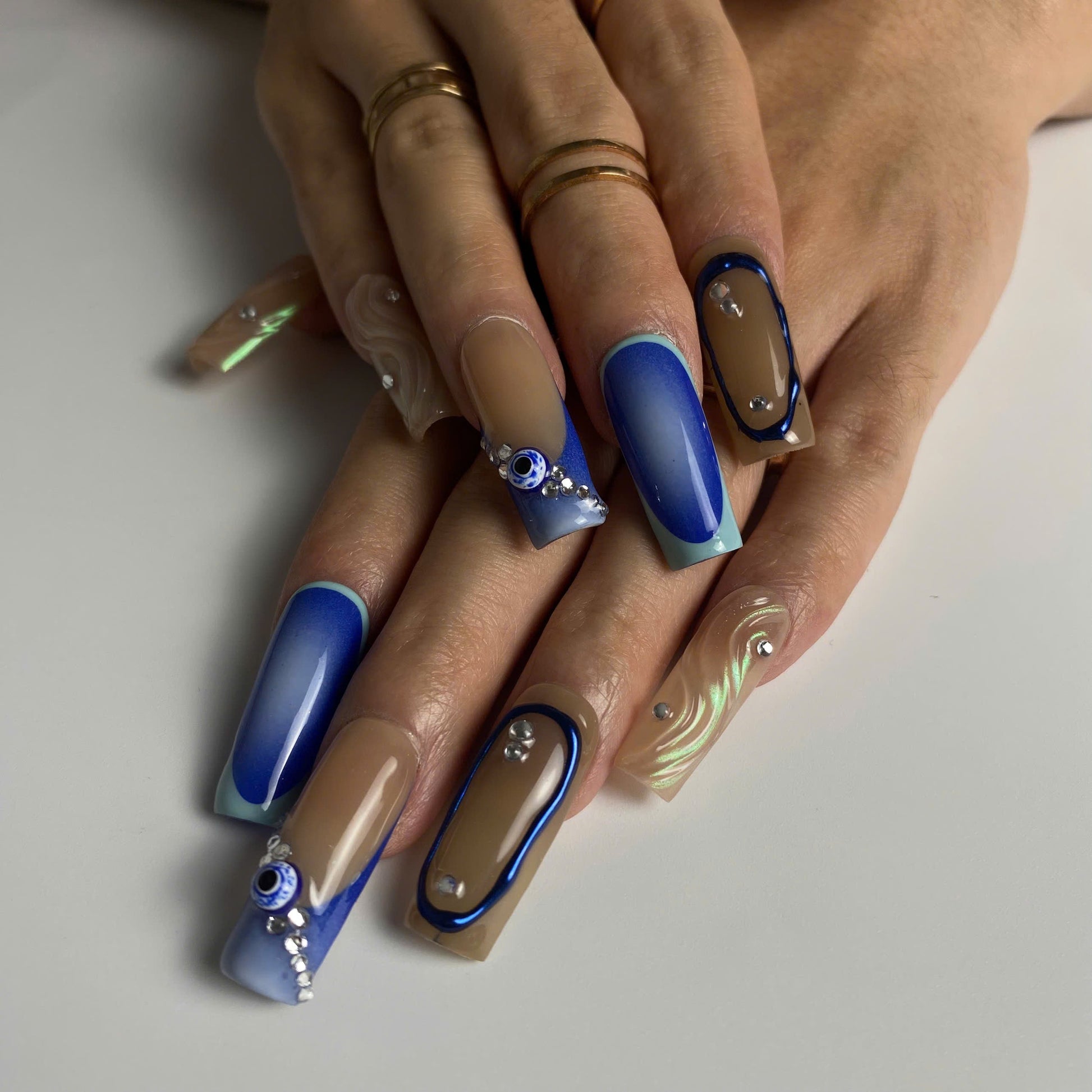 Mystic Blue Evil Eye press-on nails - image 7 of 10, ombre gradient coffin/ballerina