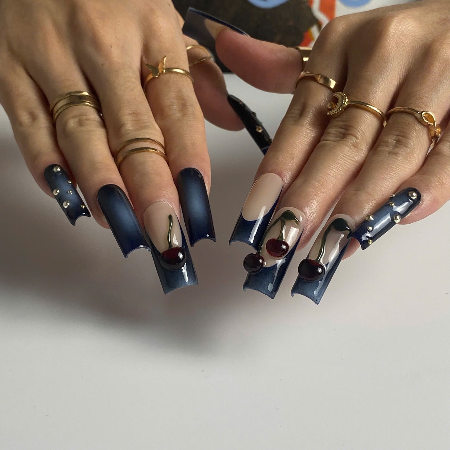 Midnight Cherry 3d sculptural press-on nails - square shape, front view