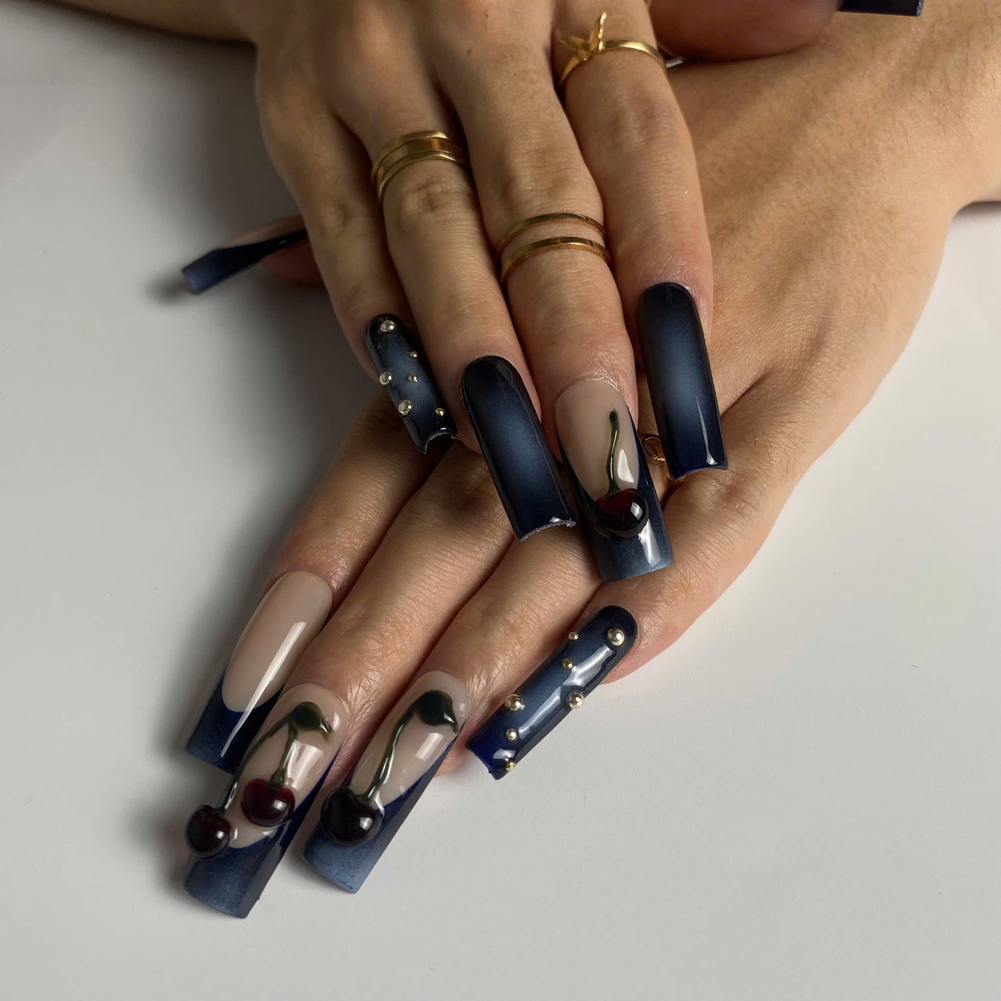 Midnight Cherry press-on nails close-up texture detail - 3d sculptural finish, US shipping
