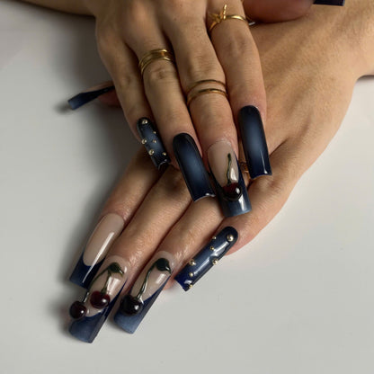 Midnight Cherry press-on nails close-up texture detail - 3d sculptural finish, US shipping