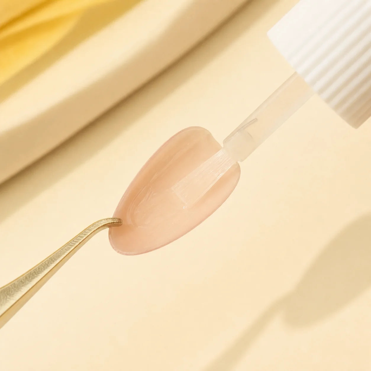 Close-up photo of a thin glue layer applied to one press-on nail