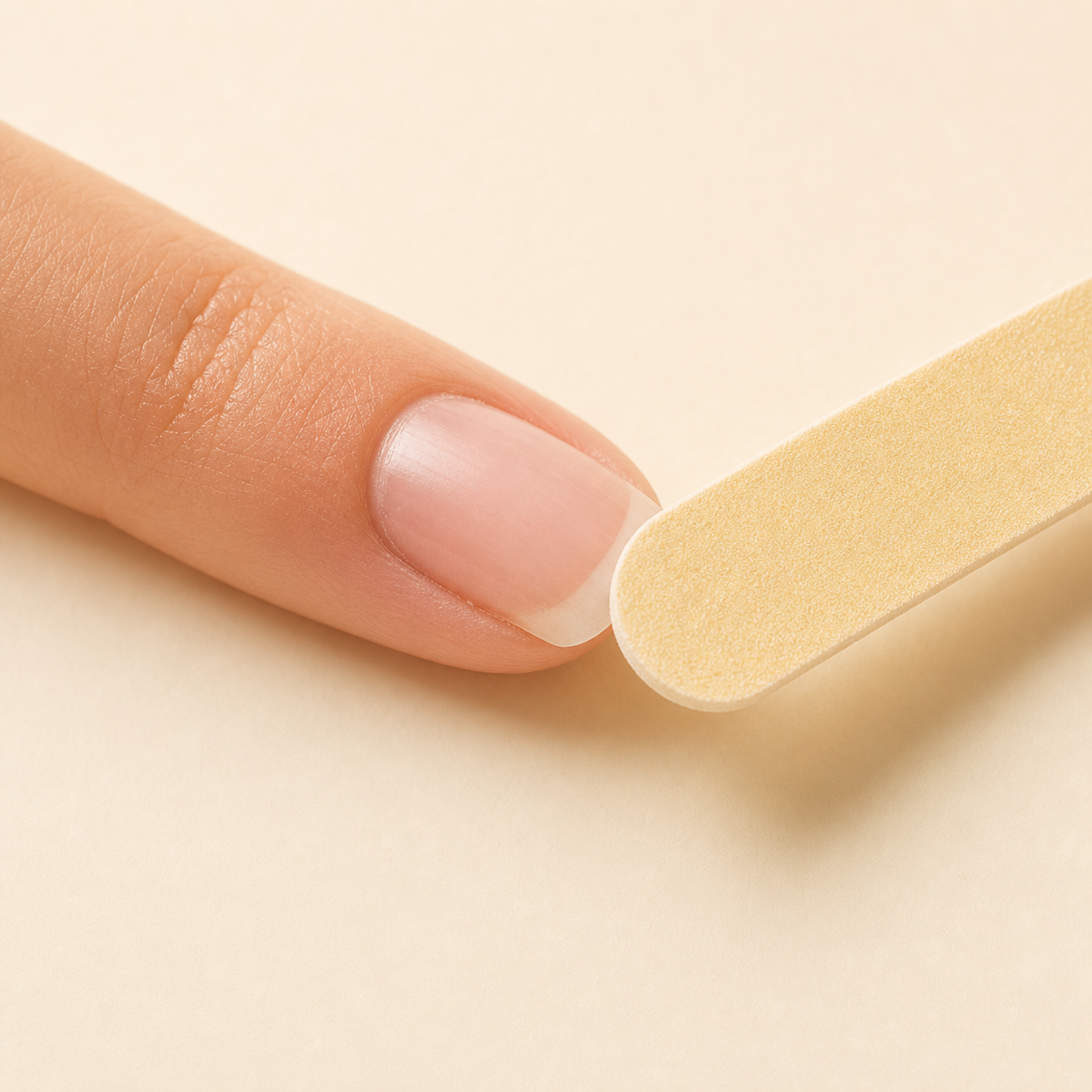 Close-up photo of one natural nail being prepped with a file