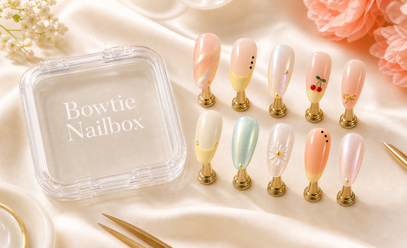 Bowtie Nail Box Summer 2026 studio campaign image with a clear Bowtie Nail Box product case and ten hand-painted press-on nail tips
