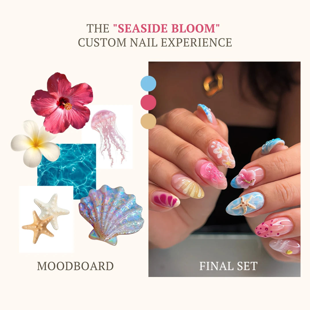 Seaside Bloom custom press-on nail moodboard and final set