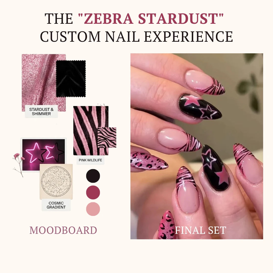 Zebra Stardust custom press-on nail moodboard and final set