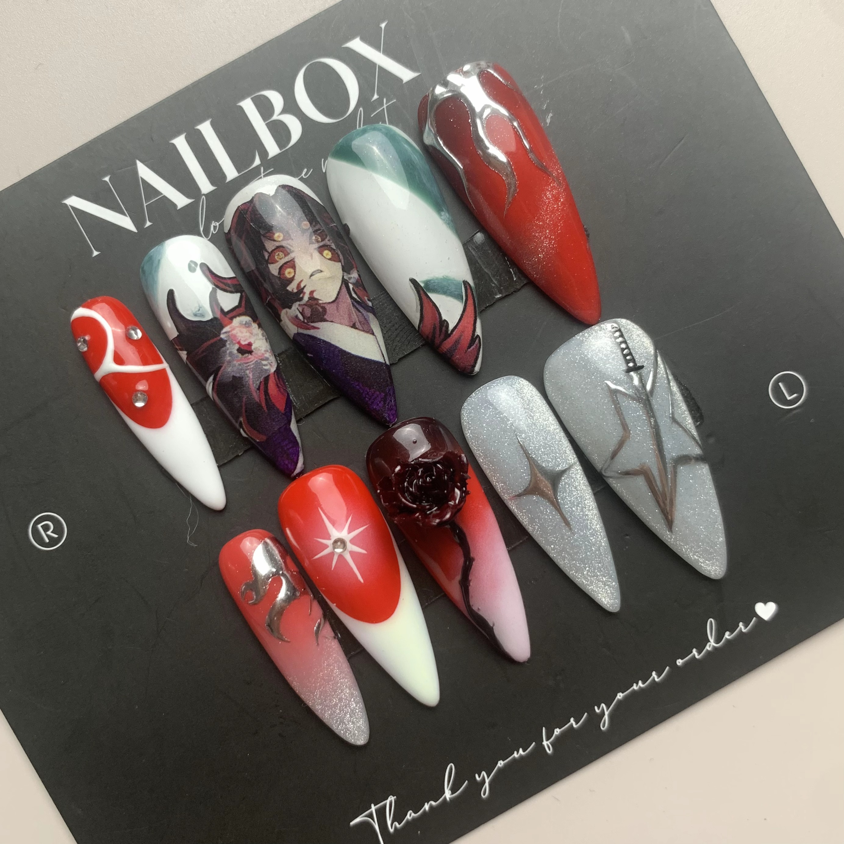 Kokushibou Inspired Handmade Press-on Nails – Red, White & Black with Character Art & Intricate Designs