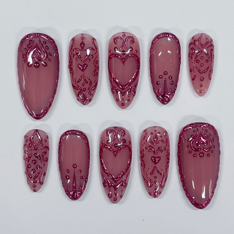 Glossy Jelly Heart Handmade Nails – 3D Pink Romance Vibe