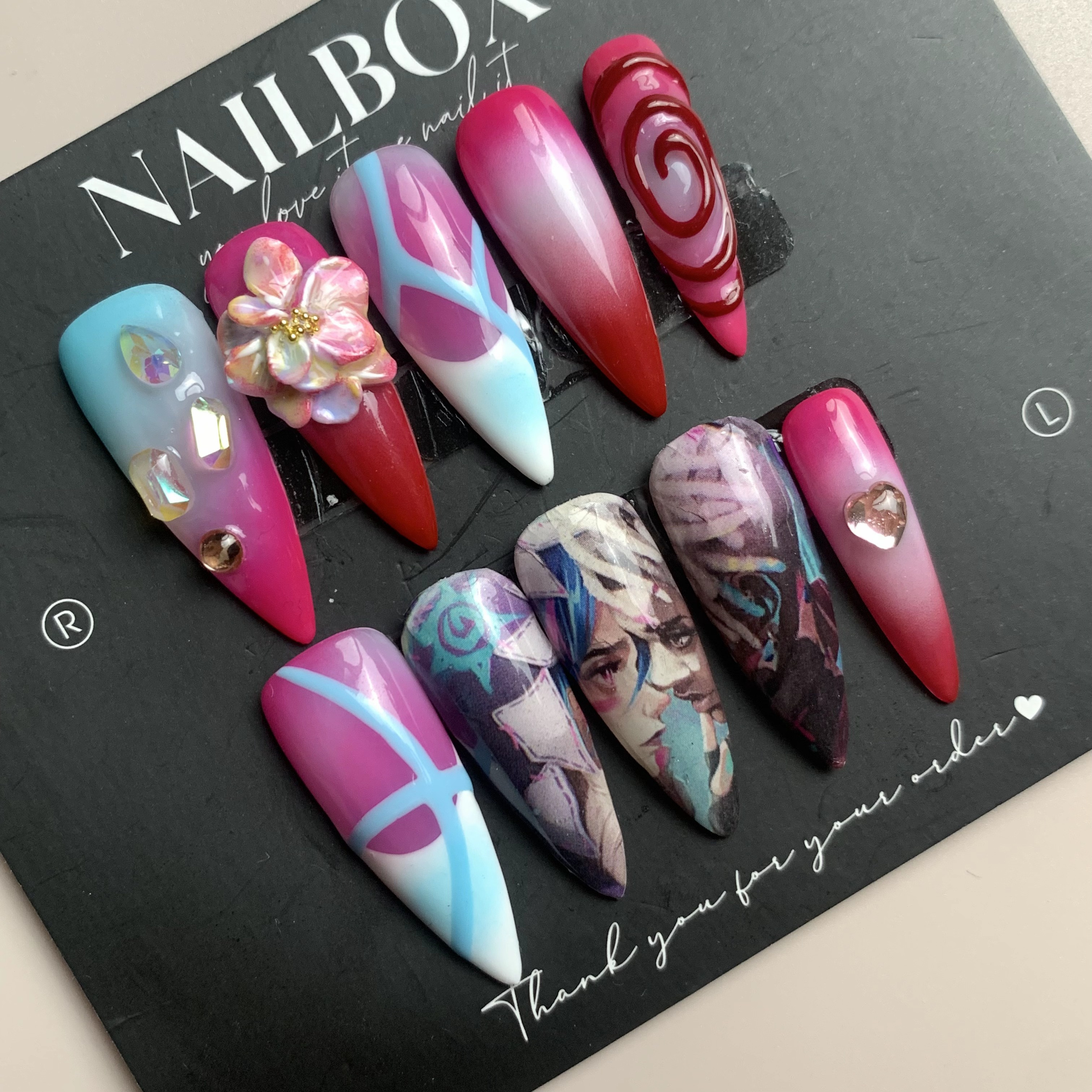 Arcane Ekko & Jinx Inspired Handmade Press-on Nails - Pink & Blue with Character Art & 3D Flower/Gems