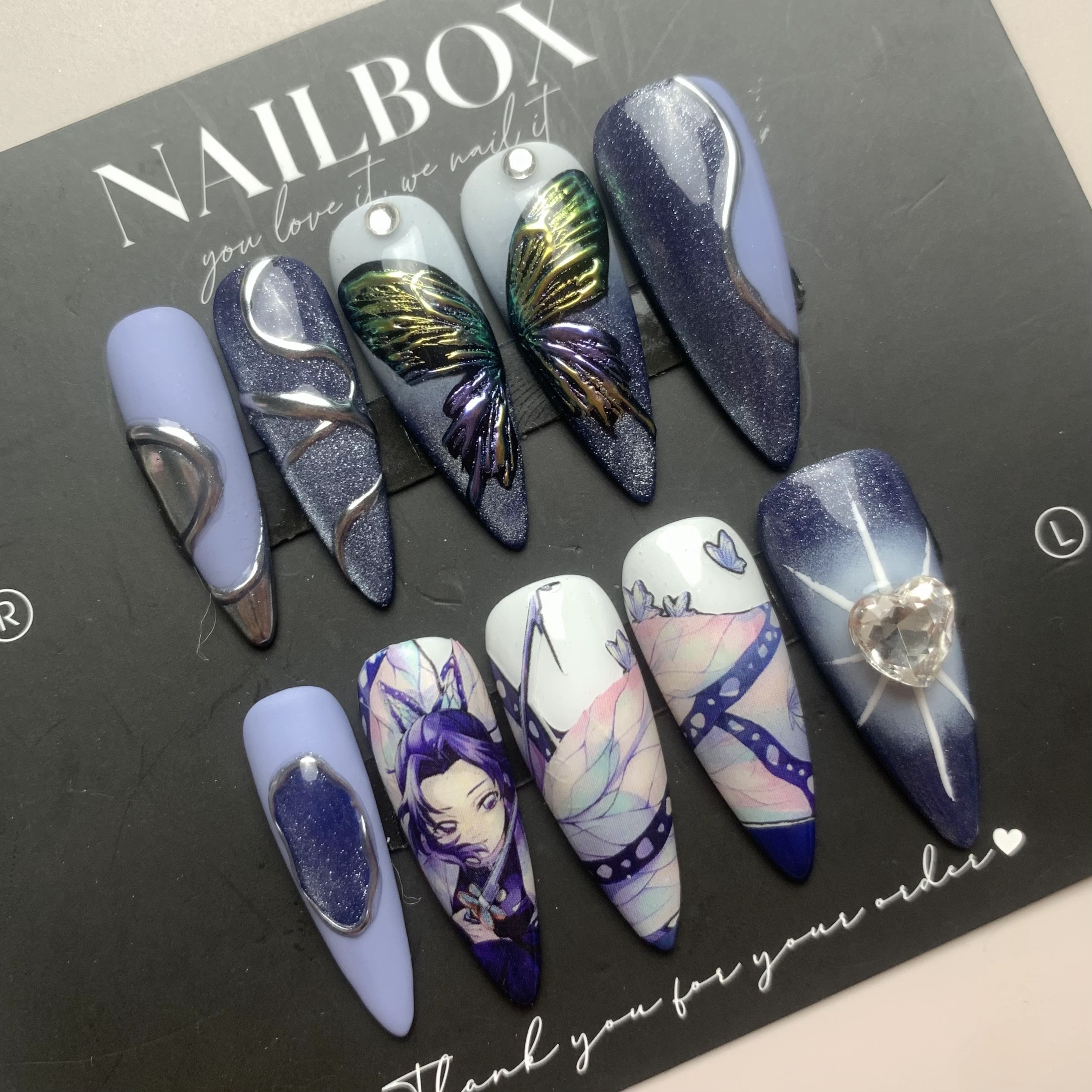 Demon Slayer Shinobu Inspired Handmade Press-on Nails - Purple & Blue with Character Art & Butterfly Wings