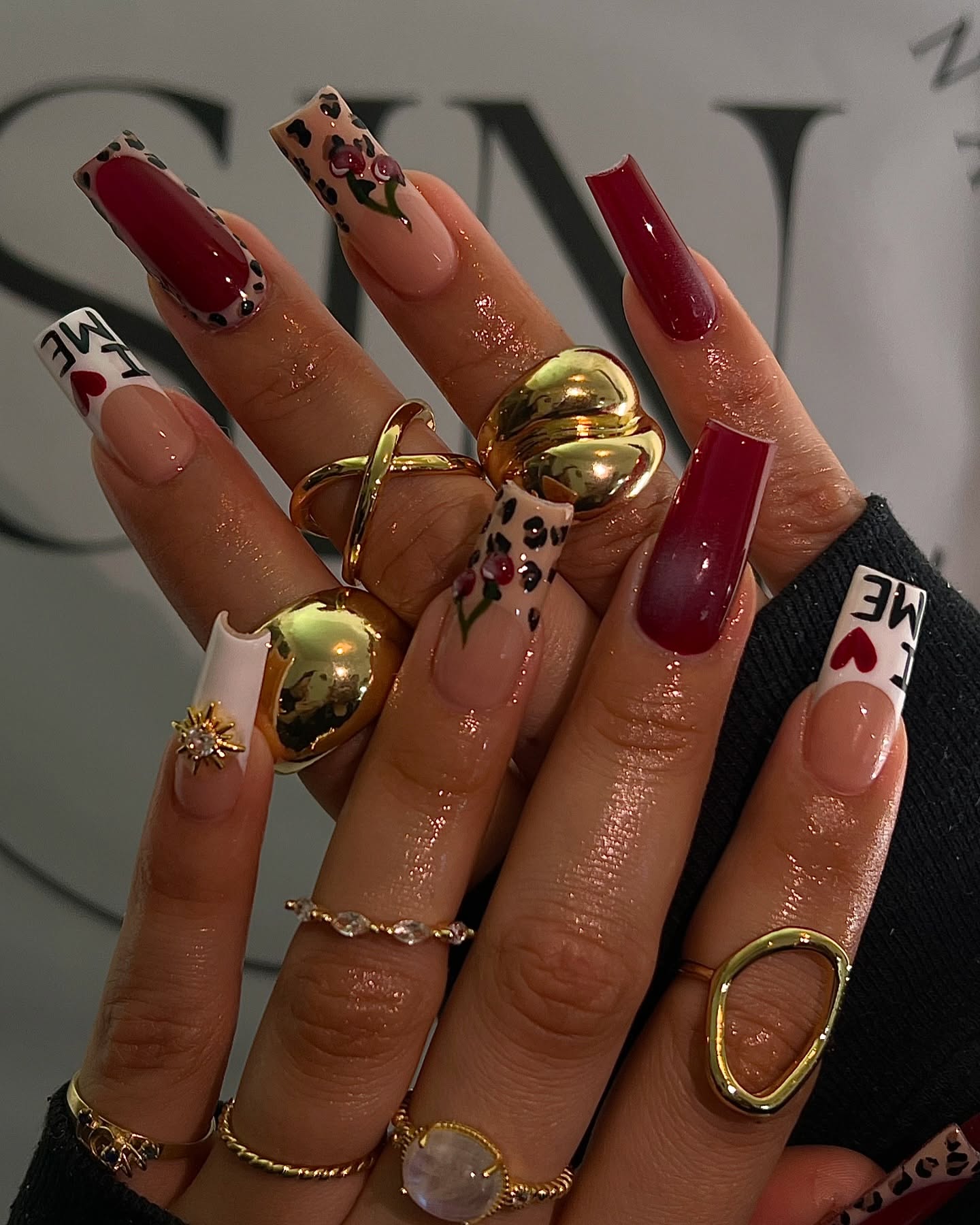 Wild Heart Nails – Red and White Color with Leopard and Love Accents