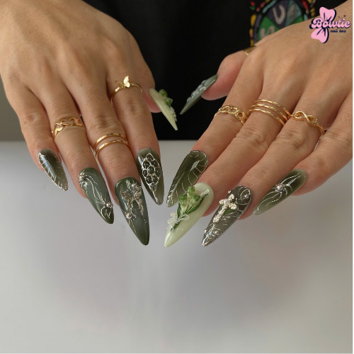 Viral Gothic Green Lace Nails – Silver Gel Detailing