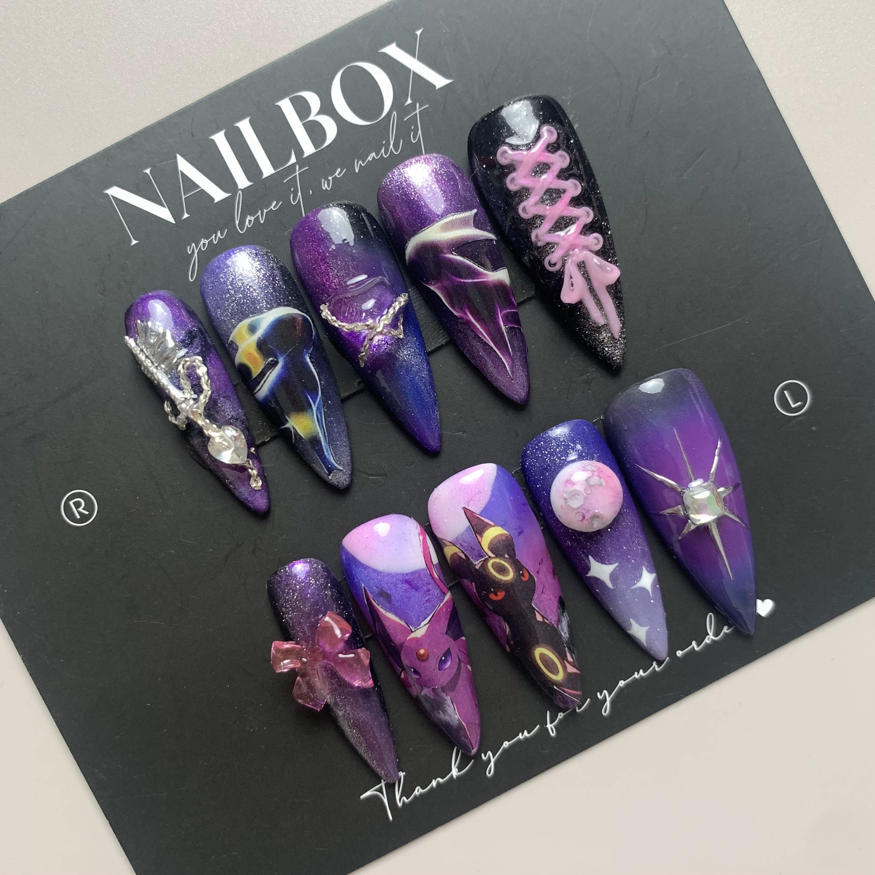 Espeon & Umbreon Inspired Handmade Anime Press-on Nails – Psychic & Dark-type with Pokemon Art & Intricate Designs