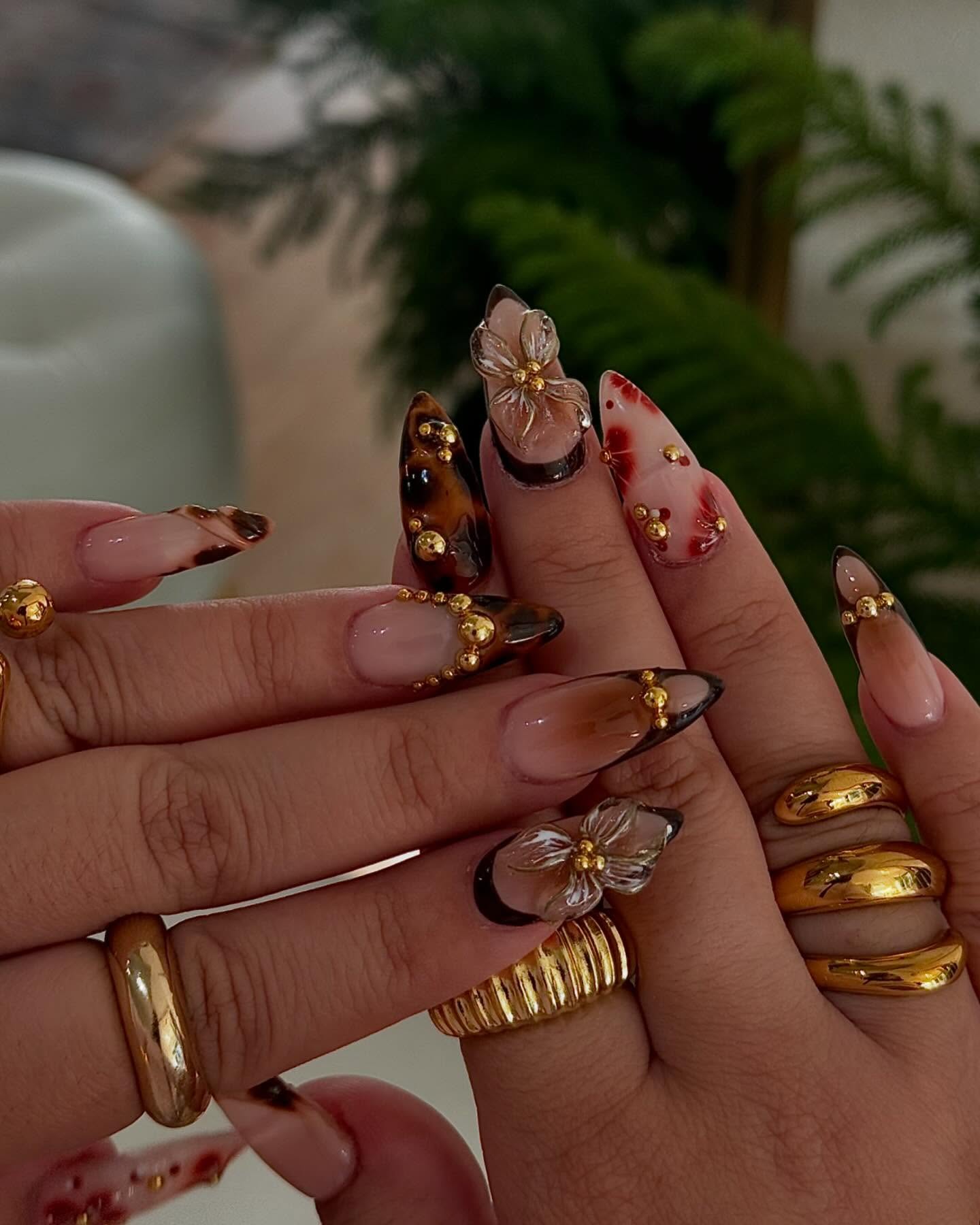 Golden Ember Nails – Rich Brown Swirls with 3D Florals
