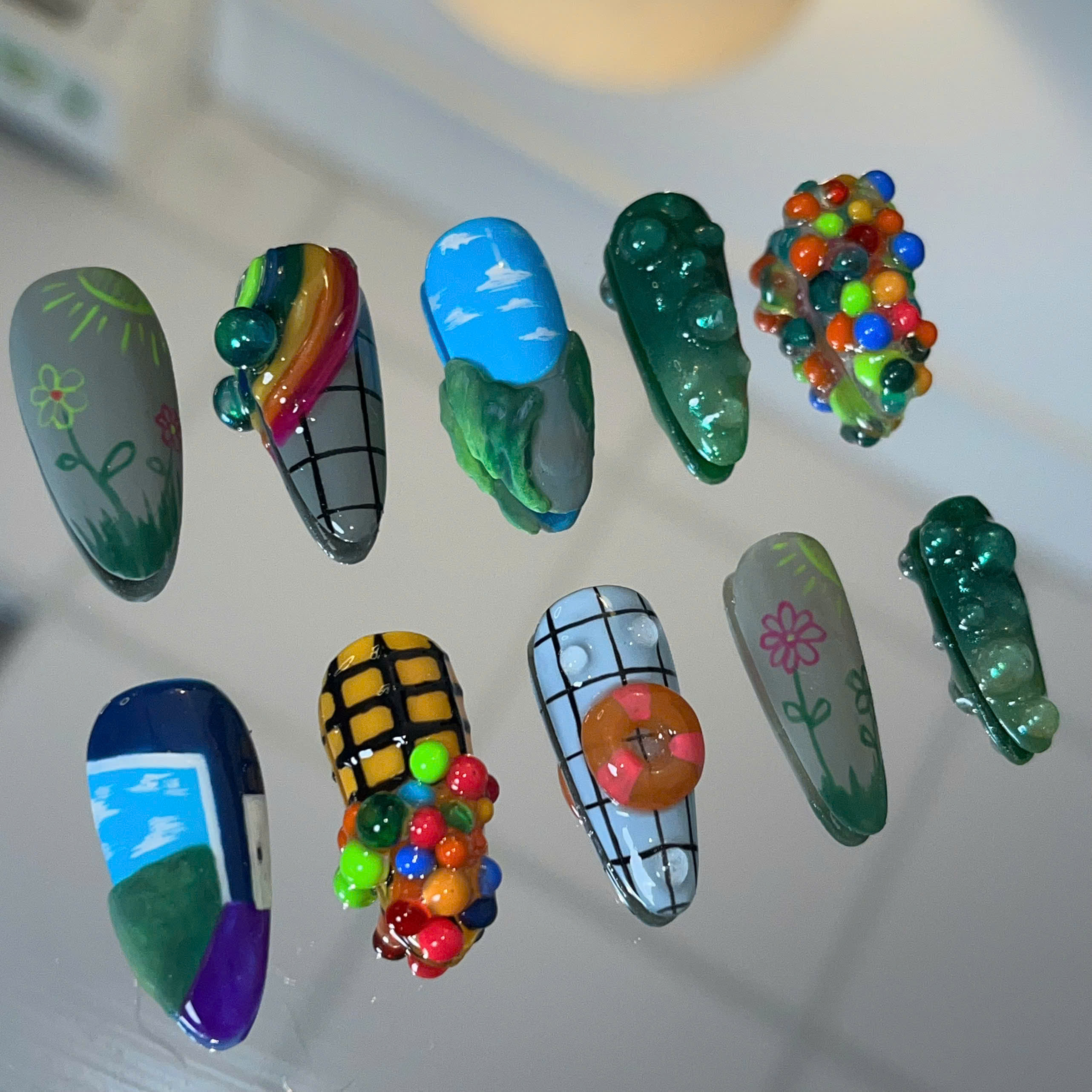 Colorful Garden & Fun Vibes – Unique Press-On Nails with Vibrant Floral and Playful Designs | Handmade Fake Nails & Glue-On Nail Extensions