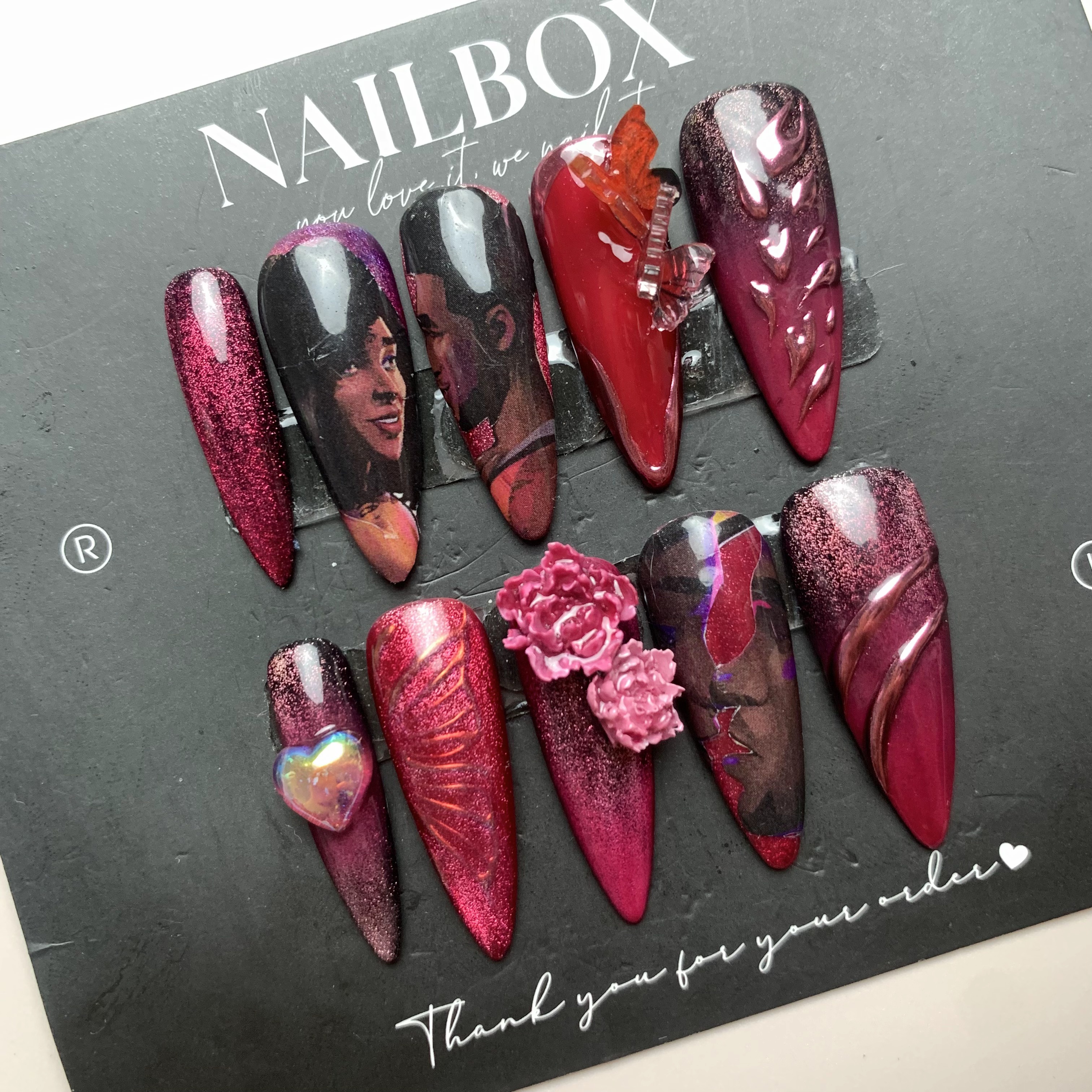 Entergalactic Jabari & Meadow Inspired Handmade Press-on Nails - Magenta & Burgundy with Character Portraits & 3D Flowers