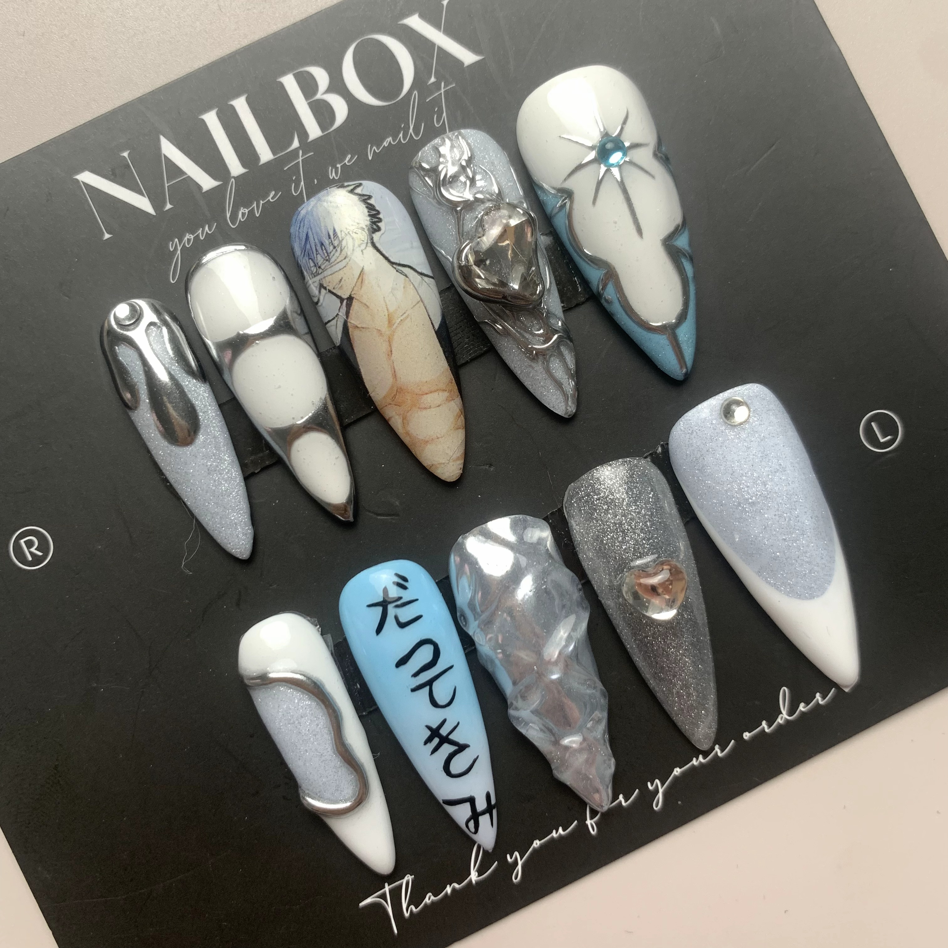 Gojo 6 PACKS Inspired Handmade Press-on Nails – Blue & Silver with Character Art & Design Details